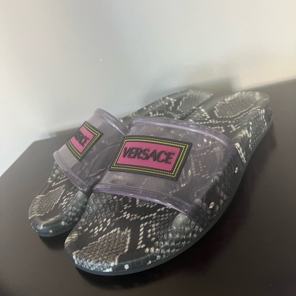 Versace Gray and Pink Snakeskin Slides